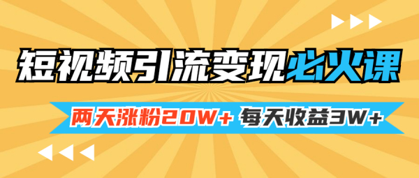 短视频引流变现必火课,两天涨粉20W+,每天收益3W+(全套实操课)