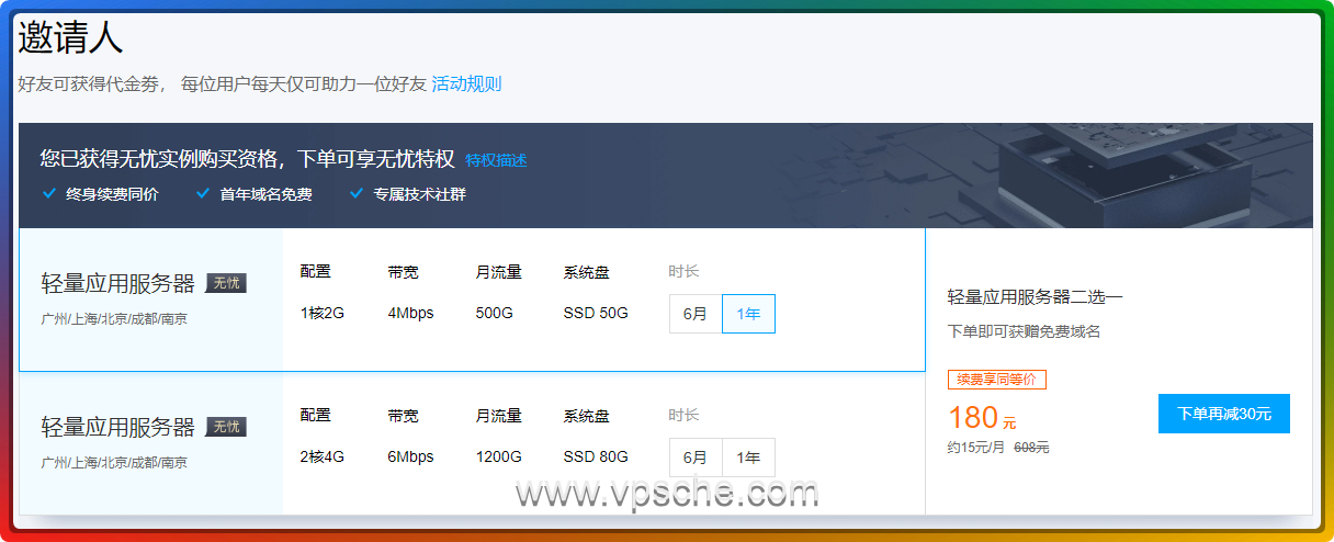 腾讯云轻量无忧计划 Lighthouse Care邀请好友助力活动 最高200元代金券/免费域名/续费同价