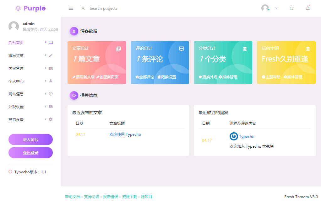 Fresh扁平化自适应typecho后台主题 Fresh扁平化自适应typecho后台主题