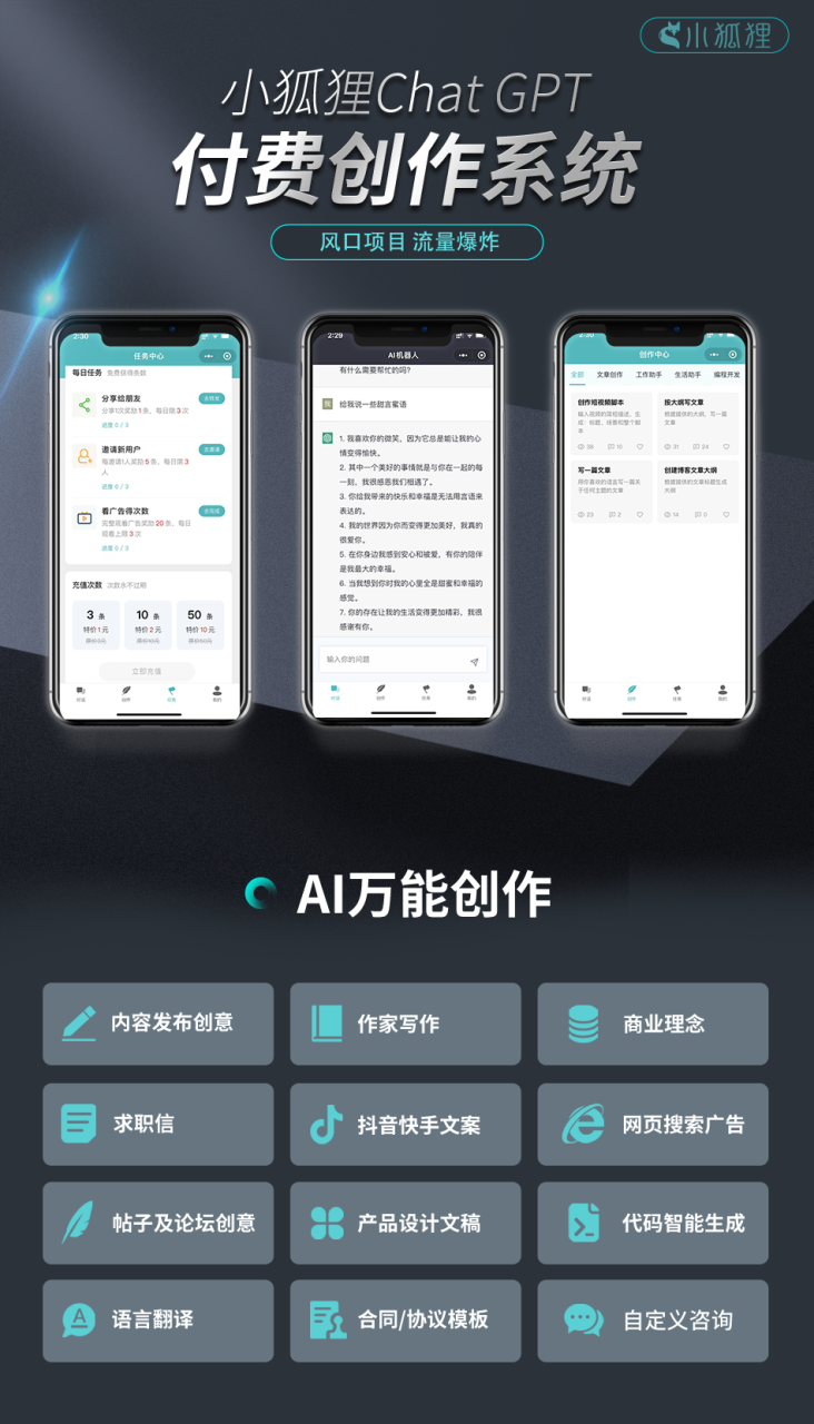 小狐狸ChatGPT付费创作系统2.0.2独立版/H5端/小程序前端