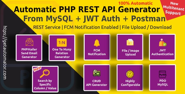 Automatic PHP REST API 生成器 + 来自 MySQL 数据库的 Postman 文档，具有 JWT 令牌身份验证 v4.9