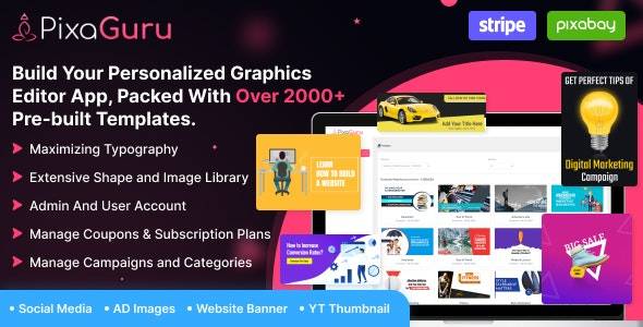 PixaGuru v1.0 - SAAS平台创建图形,图像,社交媒体帖子,广告,博客,故事