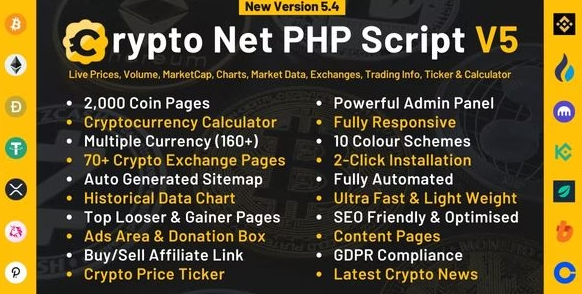 Crypto Net v5.4 - CoinMarketCap、价格、图表、交易所、加密跟踪器、计算器和股票代码 PHP 脚本