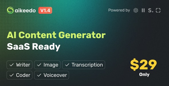 Aikeedo AI v2.3.0 - AI聊天，内容，图像，语音，代码- SaaS - OpenAI，Claude，StabilityAI，ElevenLabs
