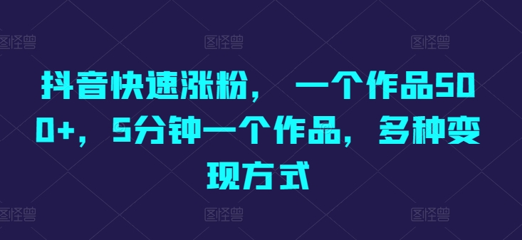 抖音快速涨粉, 一个作品500+,5分钟一个作品,多种变现方式