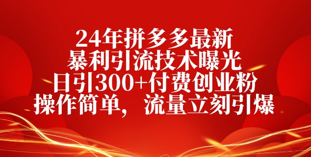 24年拼多多最新暴利引流技术曝光,日引300+付费创业粉,操作简单,流量立刻引爆