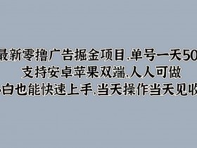 最新零撸广告掘金项目，单号一天50+，支持安卓苹果双端，人人可做，小白也能快速上手