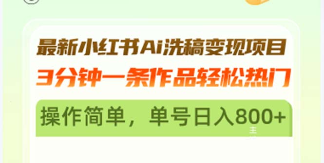 (13182期)最新小红书Ai洗稿变现项目 3分钟一条作品轻松热门 操作简单,单号日入800+