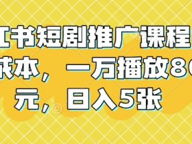 小红书短剧推广课程,0成本,一万播放80元,日入5张