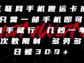 互联网手机搬运卡密，只需一部手机即可，有手就行，几秒一单，无次数限制，多劳多得，日入3张【揭秘】