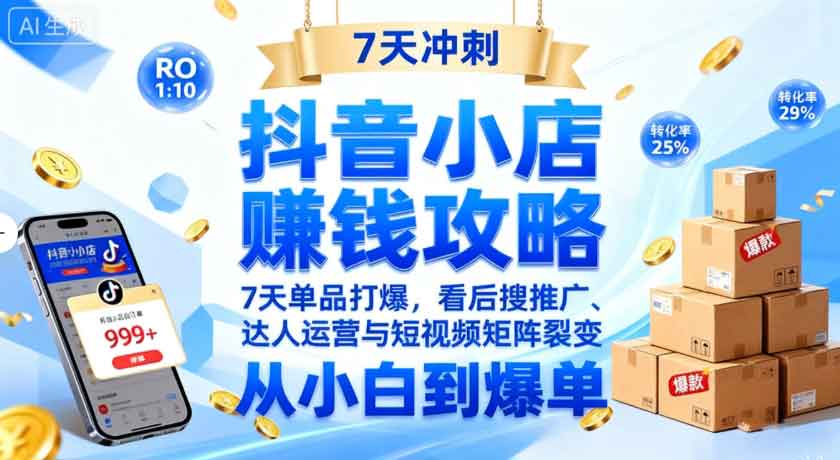图片[1]-抖音小店赚钱攻略：7天单品打爆技巧，看后搜推广、达人运营与短视频矩阵裂变实战