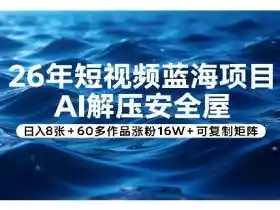 26年短视频蓝海项目,AI解压安全屋,日入8张+60多作品涨粉16W+可复制矩阵