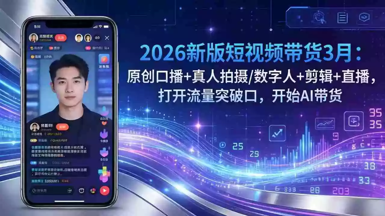 (17724期)2026新版短视频带货3月:原创口播+真人拍摄/数字人+剪辑+直播,打开流量突破口,开始AI带货