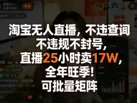 淘宝无人直播,不违规不封号,直播25小时卖17W,全年旺季!可批量矩阵【揭秘】