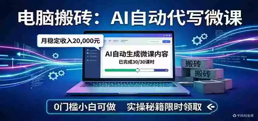 电脑搬砖AI自动代写微课,月稳定2W,0门槛小白可做,实操秘籍