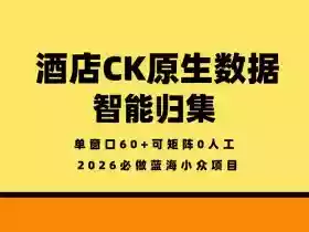 酒店CK原生数据智能归集,单窗口60+可矩阵0人工,2026必做蓝海小众项目【揭秘】