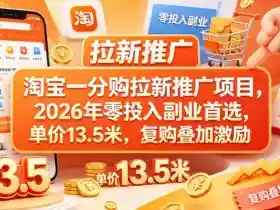 淘宝一分购拉新推广项目,2026年零投入副业首选,单价13.5米,复购叠加激励!