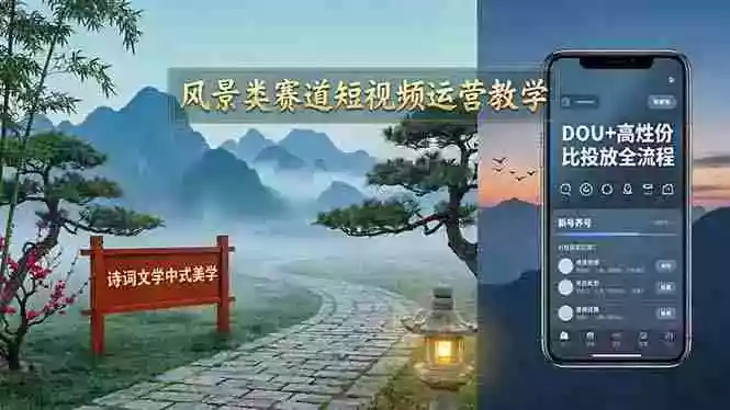 风景类赛道短视频运营教学：诗词文学中式美学，新号养号对标账号定位，DOU+高性价比投放全流程
