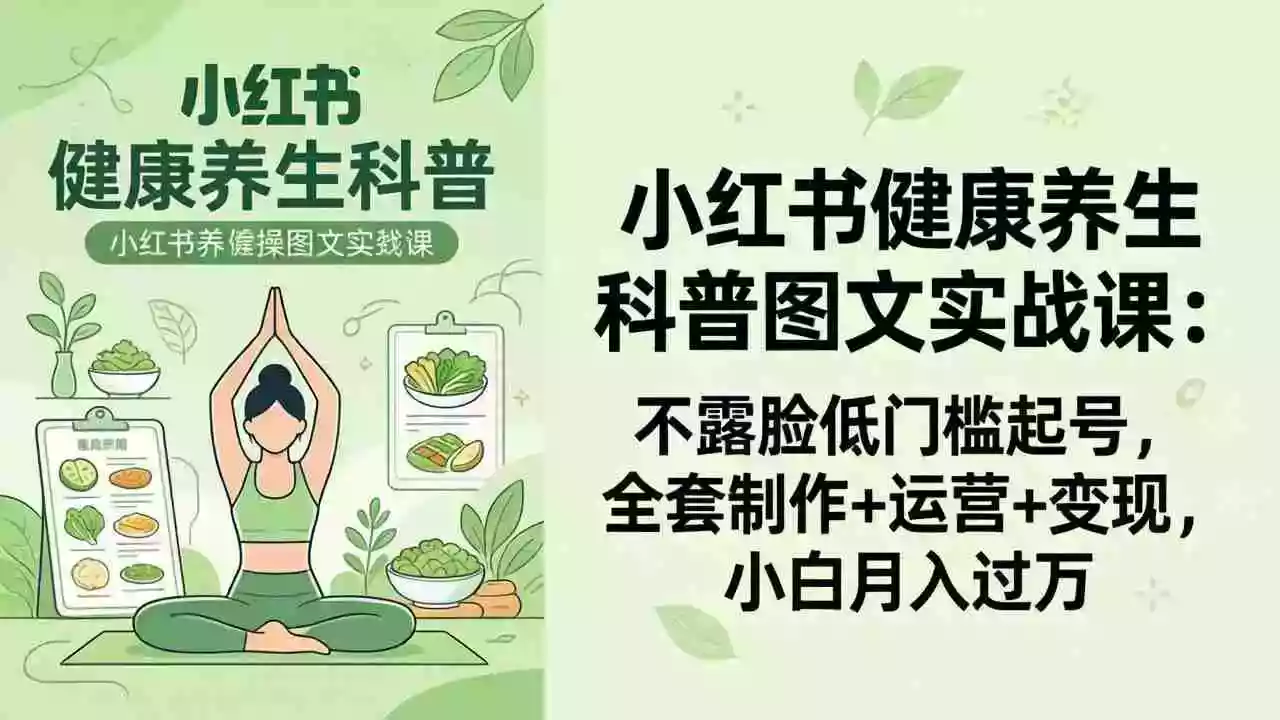 2026小红书健康养生科普图文实战课：不露脸低门槛起号，全套制作+运营+变现，小白月入过万