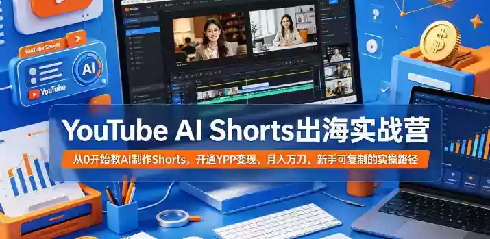 YouTube AI Shorts出海实战营，从0开始教AI制作Shorts，开通YPP变现，月入万刀，新手可复制的实操路径