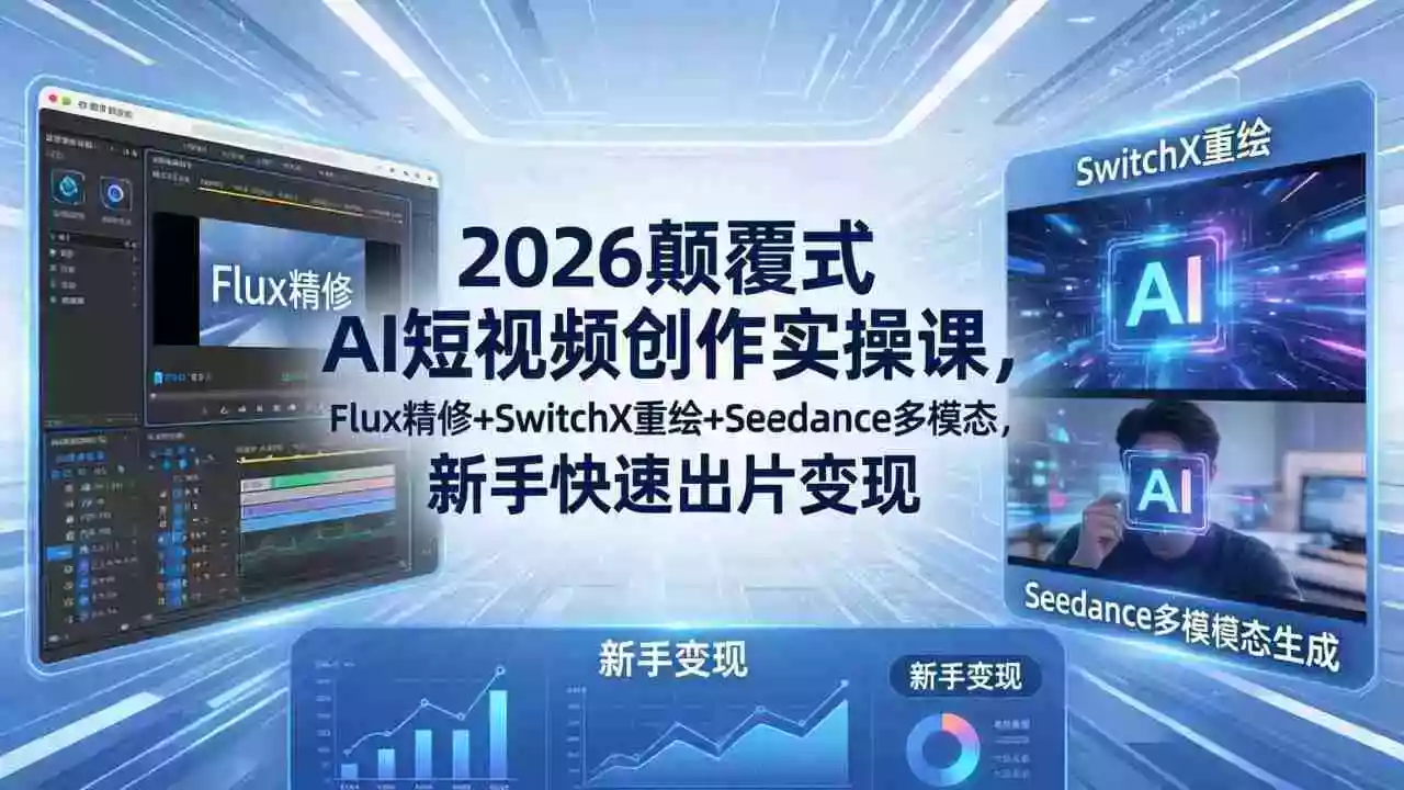 2026颠覆式 AI短视频创作课-5月更新,Flux精修+SwitchX重绘+Seedance多模态,新手快速出片变现