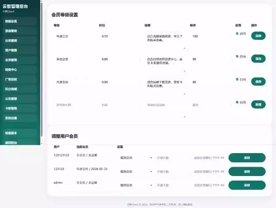 云智资源系统源码 – 带支付/积分商城/广告