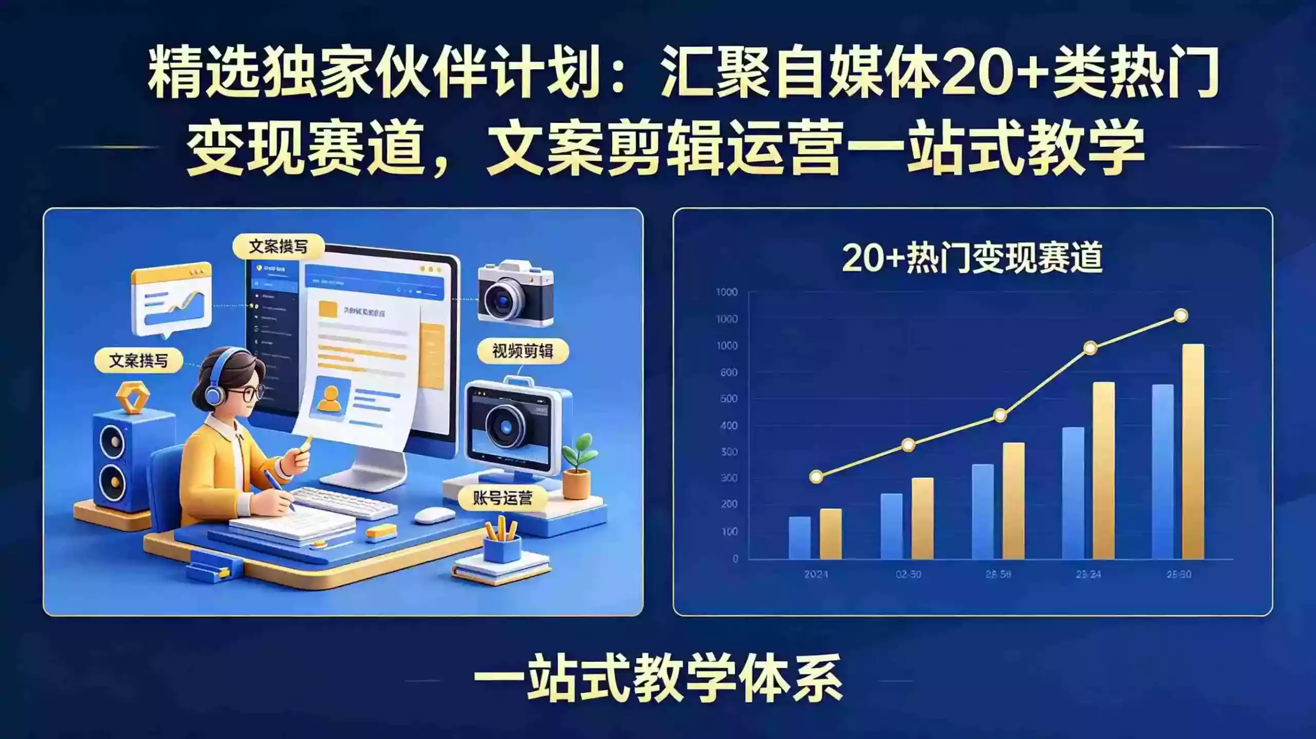 精选独家伙伴计划:汇聚自媒体20+类热门变现赛道,文案剪辑运营一站式教学