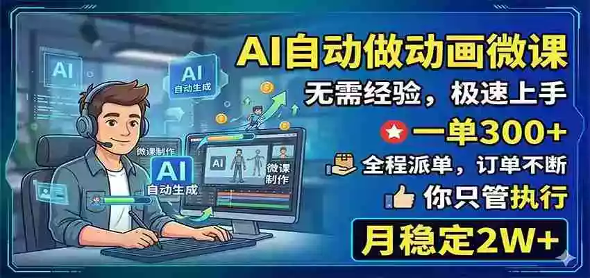 AI自动做动画微课，一单300+，全程派单，你只管执行，月稳定2W+