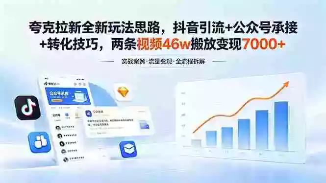 夸克拉新全新玩法思路，抖音引流+公众号承接+转化技巧，两条视频46w搬放 变现7000+