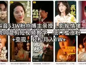 抖音53W粉丝博主亲授|影视情绪共鸣混剪短视频教学,低门槛涨粉+变现,轻松月入1W+