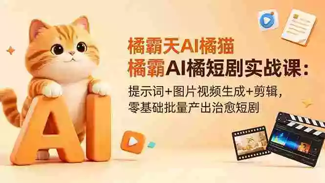 橘霸天AI橘猫短剧实战课:提示词+图片视频生成+剪辑,零基础批量产出治愈短剧