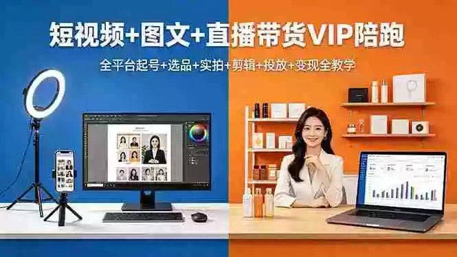 短视频+图文+直播带货VIP陪跑,全平台起号+选品+实拍+剪辑+投放+变现全教学