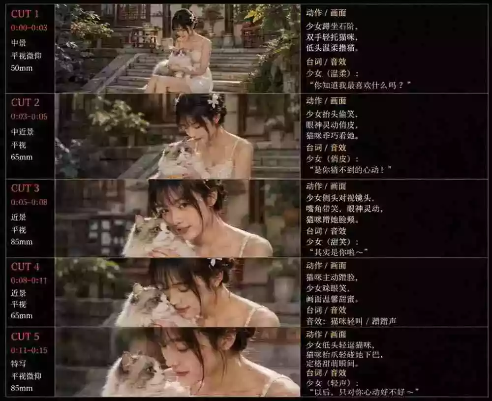 美女和猫故事提示词,人物一致性提示词+故事板 美女和猫故事提示词,人物一致性提示词+故事板