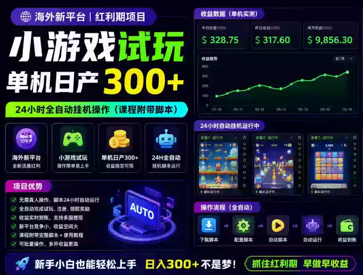 海外新平台,小游戏试玩,单机日产300+,24小时全自动挂G操作(课程附带脚本)【揭秘】