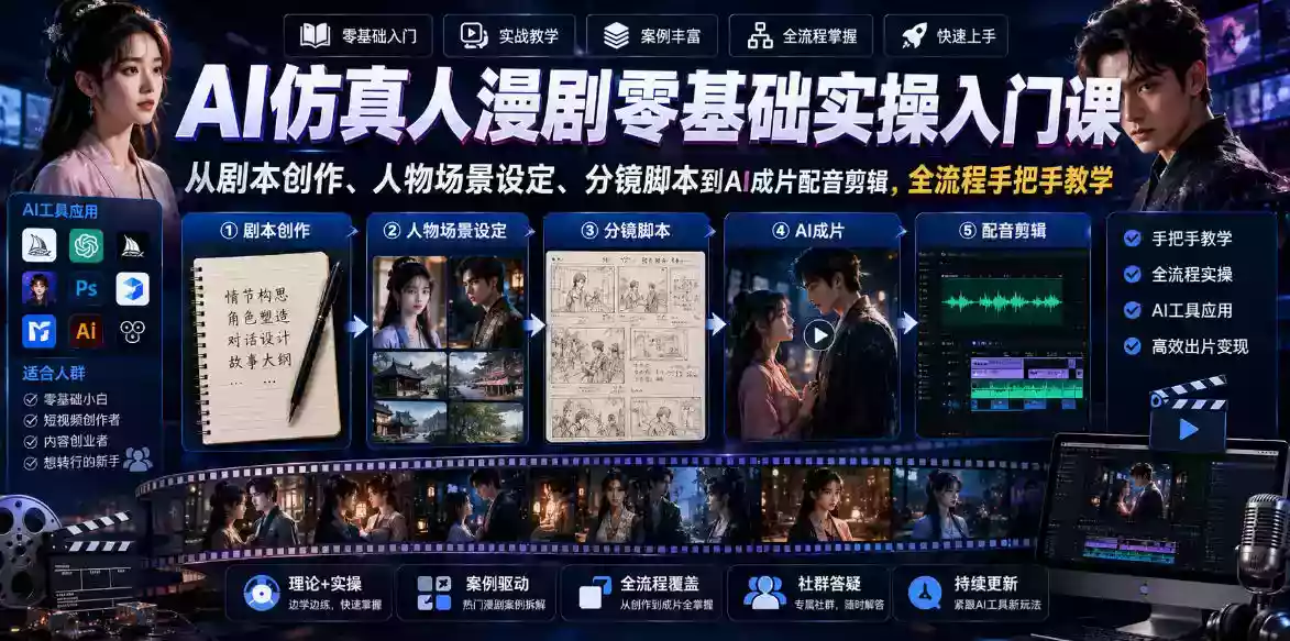 AI仿真人漫剧零基础实操入门课,从剧本创作、人物场景设定、分镜脚本到AI成片配音剪辑,全流程手把手教学 AI仿真人漫剧零基础实操入门课,从剧本创作、人物场景设定、分镜脚本到AI成片配音剪辑,全流程手把手教学