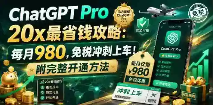 ChatGPT Pro 20x 最省钱攻略:每月980,免税冲刺上车!附完整开通方法 ChatGPT Pro 20x 最省钱攻略:每月980,免税冲刺上车!附完整开通方法