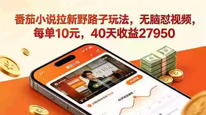 番茄小说拉新野路子玩法,无脑怼视频,每单10元,40天收益27950