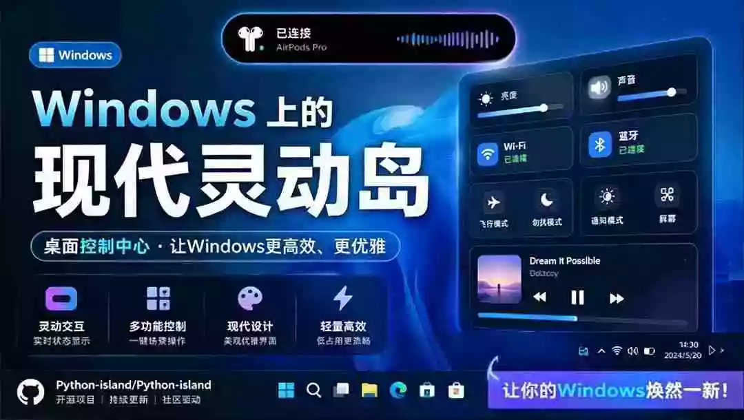 Windows也能拥有桌面灵动岛!现代化的系统控制中心,让你的电脑多个黑刘海,PyIsland Windows也能拥有桌面灵动岛!现代化的系统控制中心,让你的电脑多个黑刘海,PyIsland