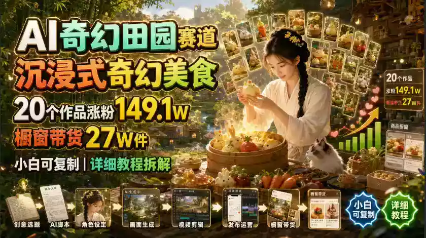 AI奇幻田园赛道,沉浸式奇幻美食,20个作品涨粉149.1W,橱窗带货27W件,小白可复制,详细教程拆解 AI奇幻田园赛道,沉浸式奇幻美食,20个作品涨粉149.1W,橱窗带货27W件,小白可复制,详细教程拆解