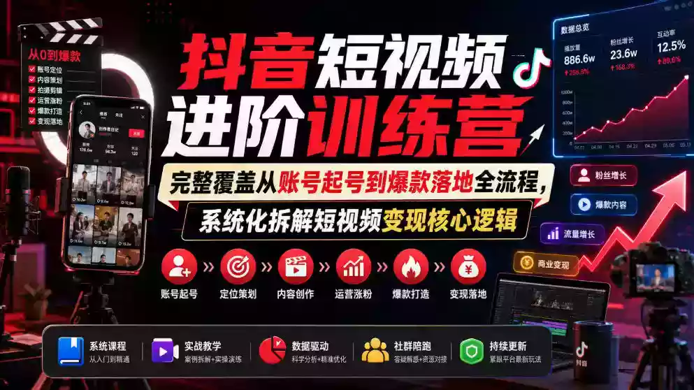 抖音短视频进阶训练营,完整覆盖从账号起号到爆款落地全流程,系统化拆解短视频变现核心逻辑 抖音短视频进阶训练营,完整覆盖从账号起号到爆款落地全流程,系统化拆解短视频变现核心逻辑