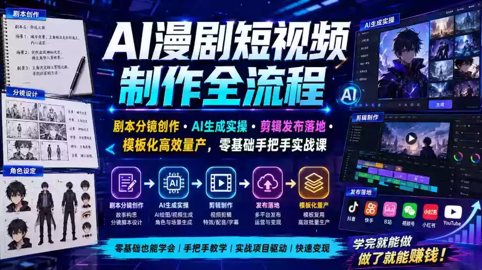 AI漫剧短视频制作全流程|剧本分镜创作・AI生成实操・剪辑发布落地・模板化高效量产,零基础手把手实战课 AI漫剧短视频制作全流程|剧本分镜创作・AI生成实操・剪辑发布落地・模板化高效量产,零基础手把手实战课