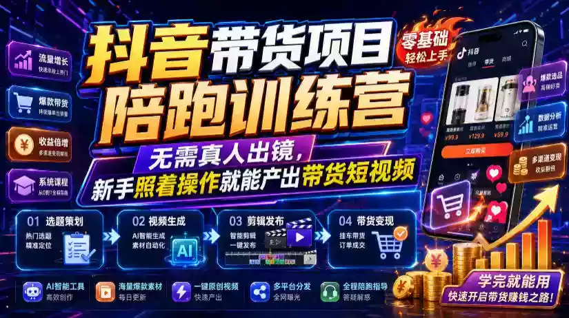 抖音带货项目陪跑训练营,无需真人出镜,新手照着操作就能产出带货短视频 抖音带货项目陪跑训练营,无需真人出镜,新手照着操作就能产出带货短视频