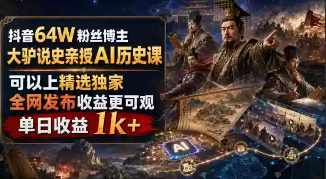 抖音64W粉丝博主大驴说史亲授AI历史课,可以上精选独家,全网发布收益更可观,单日收益1k+ 抖音64W粉丝博主大驴说史亲授AI历史课,可以上精选独家,全网发布收益更可观,单日收益1k+