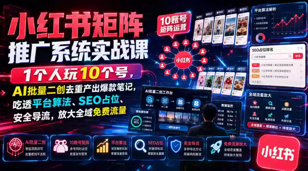 小红书矩阵推广系统实战课|1个人玩10个号,AI批量二创去重产出爆款笔记,吃透平台算法、SEO占位、安全导流,放大全域免费流量 小红书矩阵推广系统实战课|1个人玩10个号,AI批量二创去重产出爆款笔记,吃透平台算法、SEO占位、安全导流,放大全域免费流量