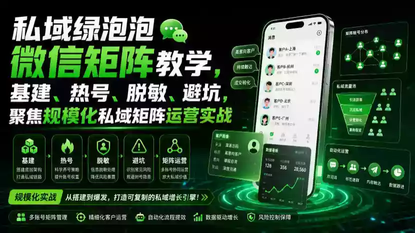 私域绿泡泡微信矩阵教学,基建、热号、脱敏、避坑,聚焦规模化私域矩阵运营实战 私域绿泡泡微信矩阵教学,基建、热号、脱敏、避坑,聚焦规模化私域矩阵运营实战