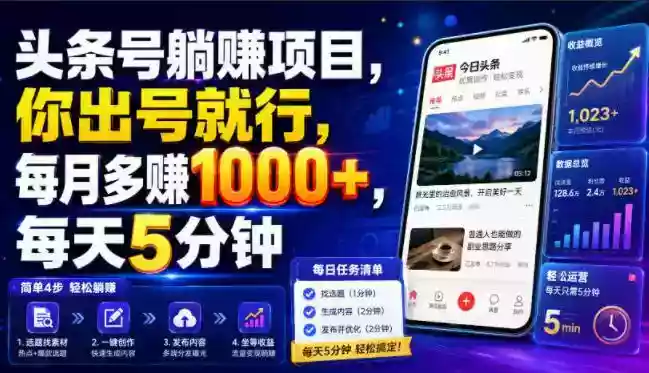 头条号躺賺项目,你出号就行,每月多賺1000+,每天5分钟,坐等分米【揭秘】 头条号躺賺项目,你出号就行,每月多賺1000+,每天5分钟,坐等分米【揭秘】