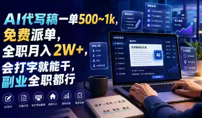 AI代写稿一单500~1k,免费派单,全职月入2W+,会打字就能干,副业全职都行【揭秘】 AI代写稿一单500~1k,免费派单,全职月入2W+,会打字就能干,副业全职都行【揭秘】
