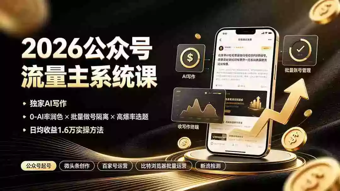 2026公众号流量主系统课:独家AI写作0-AI率润色批量做号隔离高爆率选题,日均收益1.6万实操方法 2026公众号流量主系统课:独家AI写作0-AI率润色批量做号隔离高爆率选题,日均收益1.6万实操方法