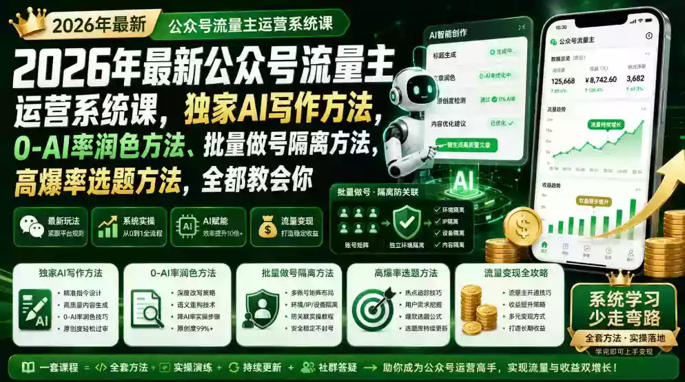 2026年最新公众号流量主运营系统课,独家AI写作方法,0-AI率润色方法、批量做号隔离方法、高爆率选题方法,全都教会你 2026年最新公众号流量主运营系统课,独家AI写作方法,0-AI率润色方法、批量做号隔离方法、高爆率选题方法,全都教会你