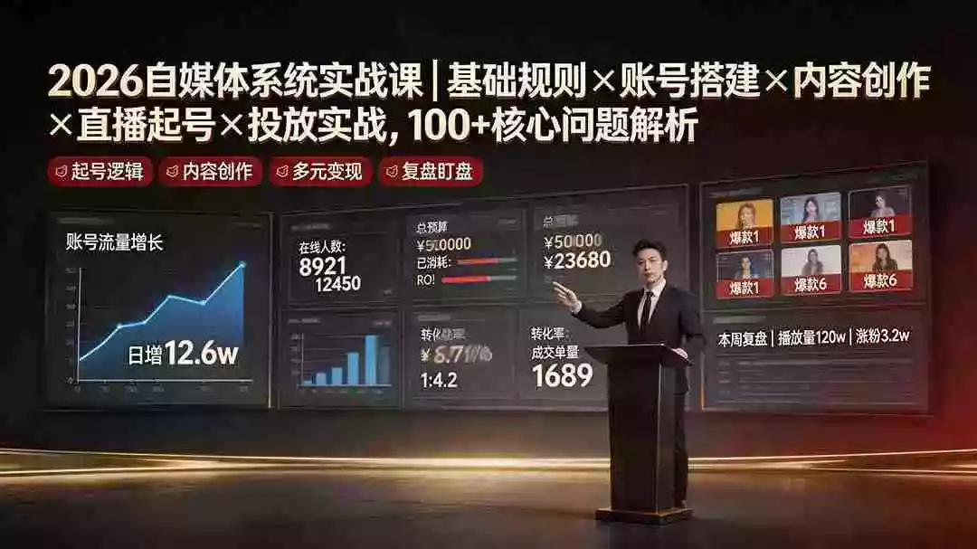 2026自媒体系统实战课|基础规则账号搭建内容创作直播起号投放实战,100+核心问题解析 2026自媒体系统实战课|基础规则账号搭建内容创作直播起号投放实战,100+核心问题解析